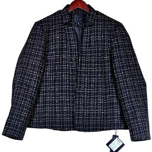 Mina Self Women's Black Gold Checkered Tweed Blazer Jacket w/ Pockets Large NWT